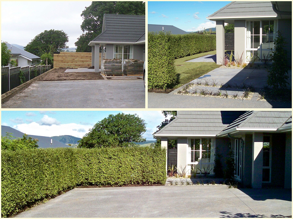 A bare garden beside a new home and the same area one day later with ready lawn, landscaping and a fully formed hedge.